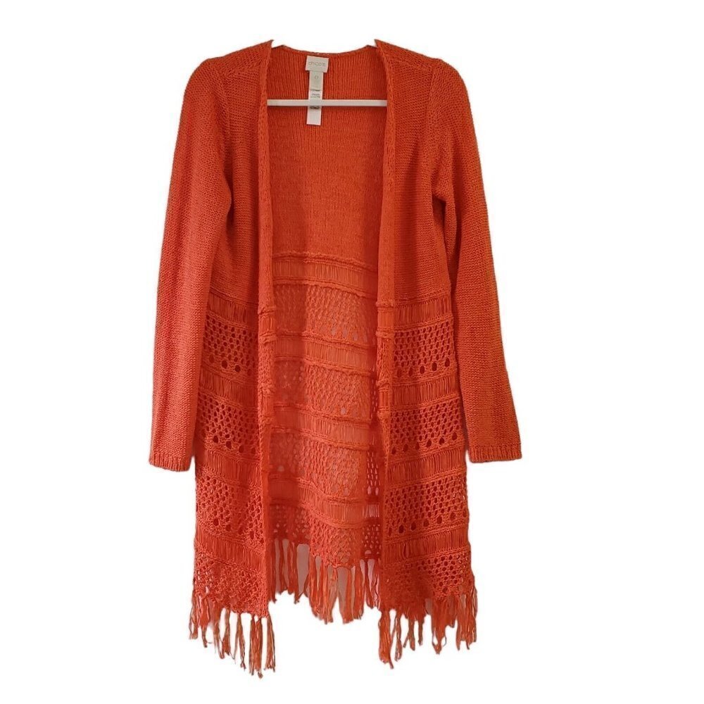 Chicos Fringe Cardigan Sweater 0‎ Small Orange Tassel Boho Crochet Open Front